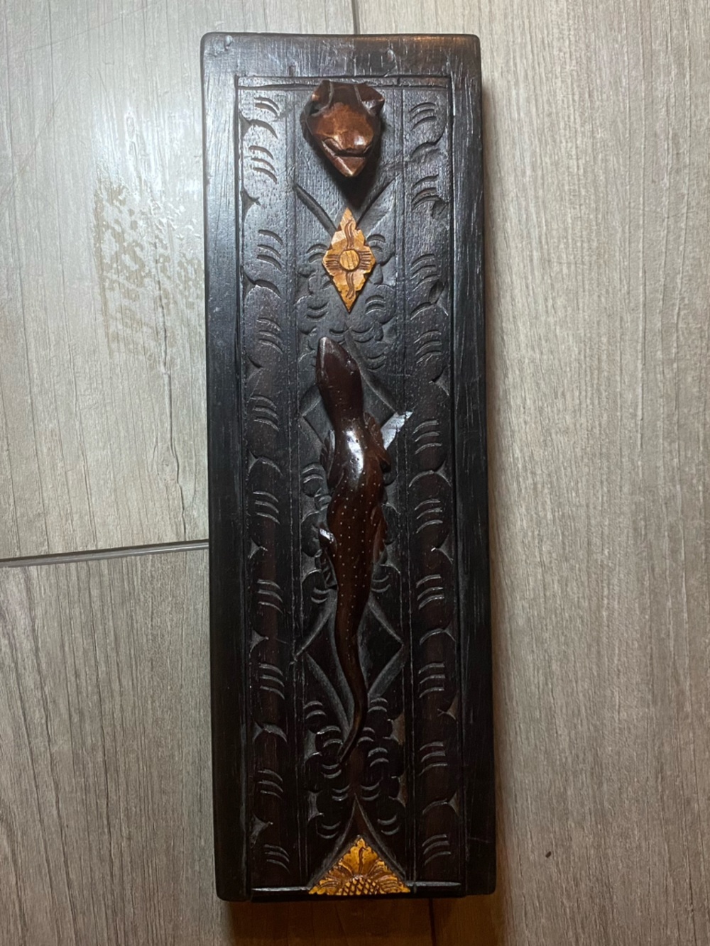 EUC Hand Carved Wooden Sliding Panel Chopstick Box with Lizard/Frog/Flower Motif